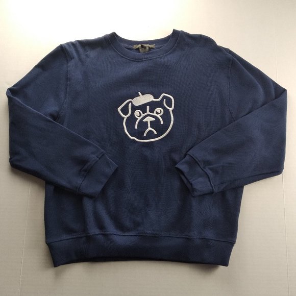 FRENCH CONNECTION Women's Crew Neck Sweatshirt Navy Blue with Bulldog Embroidery - Picture 1 of 6